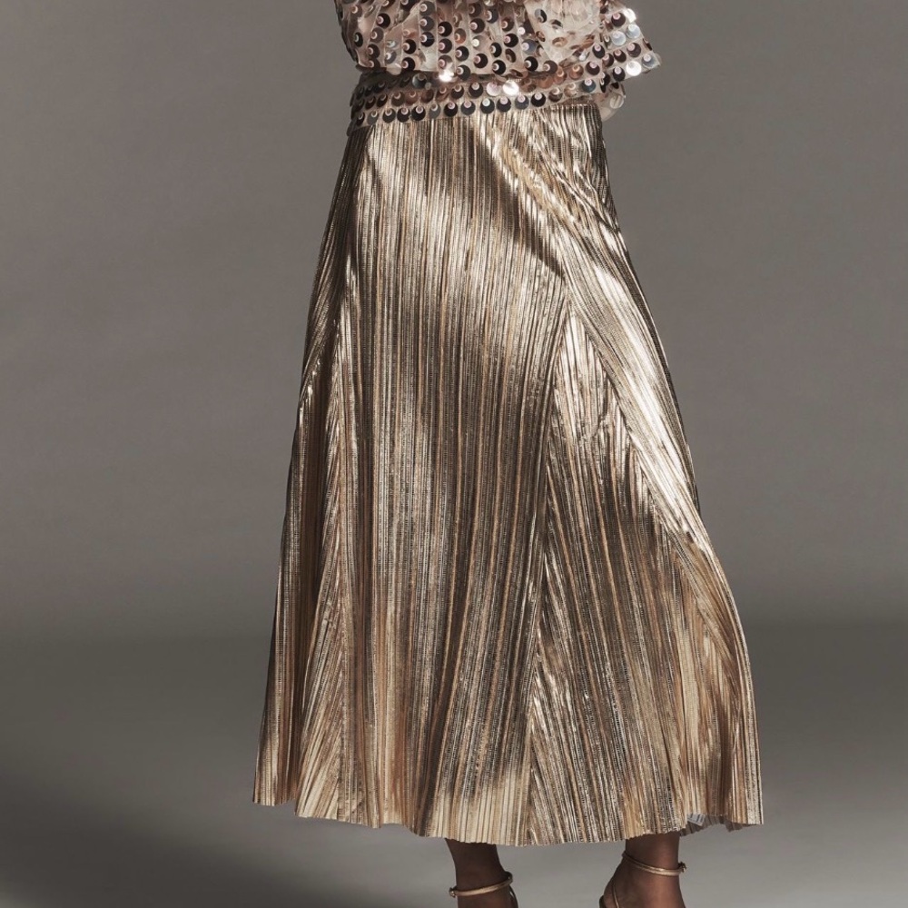 By Anthropologie Metallic Pleated Silver Midi Skirt